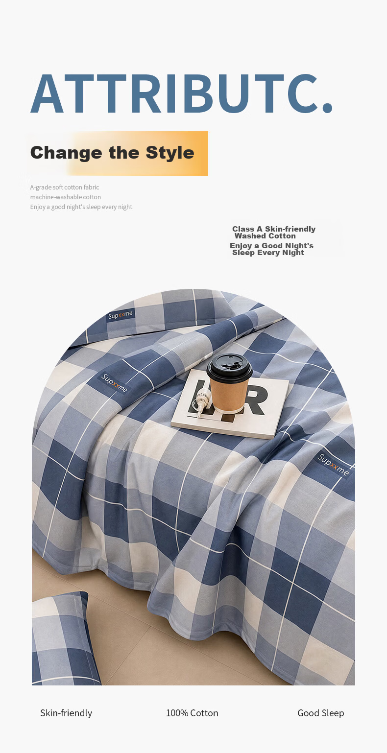 Grace 100% Cotton Bed Sheet A-Class 7A Antibacterial Full Cotton Double Quilt Cover Single Piece 200*230cm Printed 3