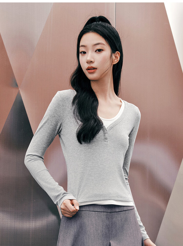 Semir Women's Long Sleeve T-Shirt 26 Autumn Short Slim Fit V-Neck Color Block Faux Two-Piece Top 109526101006 27