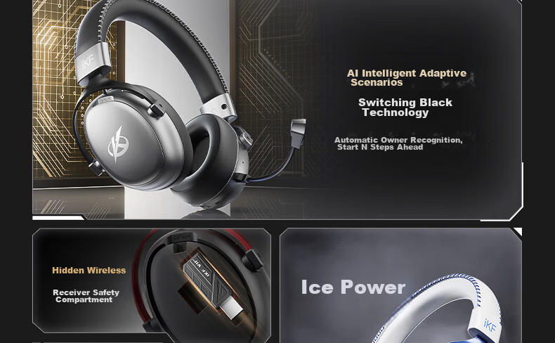 IKF V11 Max Quad-Mode Gaming Headset, Over-Ear Wireless E-Sports 7.1 Sound Field, Bluetooth Wired FPS Smart Driver, Triangular Unyielding Contract Position Audio, Navy Gree 8