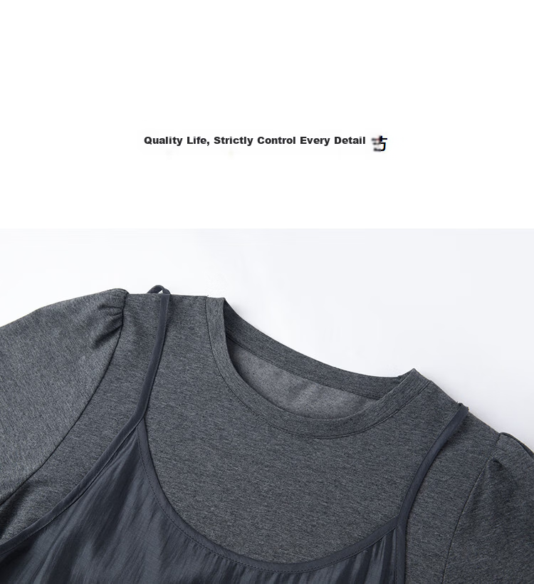 Demana [Cooling Black Technology Sorona] Summer Fake Two-Piece Round Neck A-Line Slim Fit Dress for Women Premium Feel 14