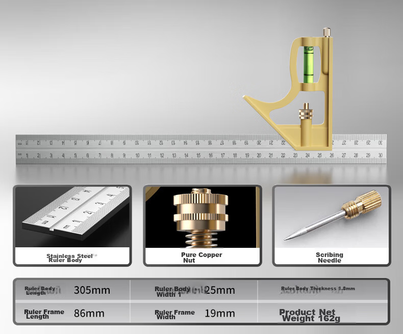 SYNTEK Adjustable 90-Degree Stainless Steel Multifunctional Carpenter's Square with Bubble Level and 45-Degree Angle Ruler 11