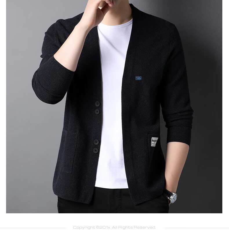 Hengyuanxiang Men's Knitted Cardigan Sweater Jacket Trendy Youth Pocket Shawl HJ172 Black 170/88A 8