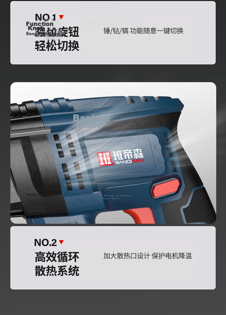 Bandisen 21V High-Power Household Lithium Battery Multifunctional Brushless Electric Hammer Drill, Electric Pick, Three-in-One Impact Drill Power Tool with 2 Batteries 15