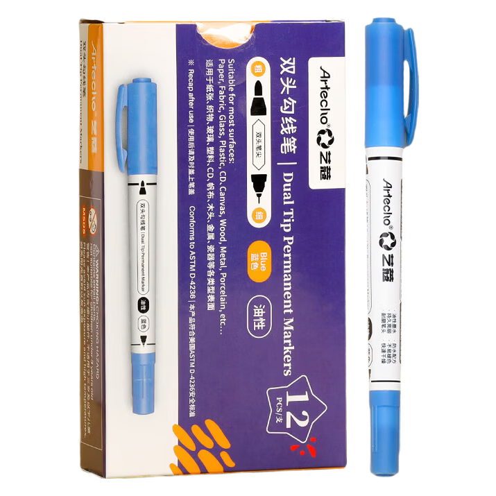 Mont Marte [Lowest Price Online] Yikou Series Dual-Tip Marker Pen, Outline Pen, Waterproof Oil-Based Quick-Drying Fine Tip Drawing Marker, Blue, 12 Pieces, ATOD-CM1222