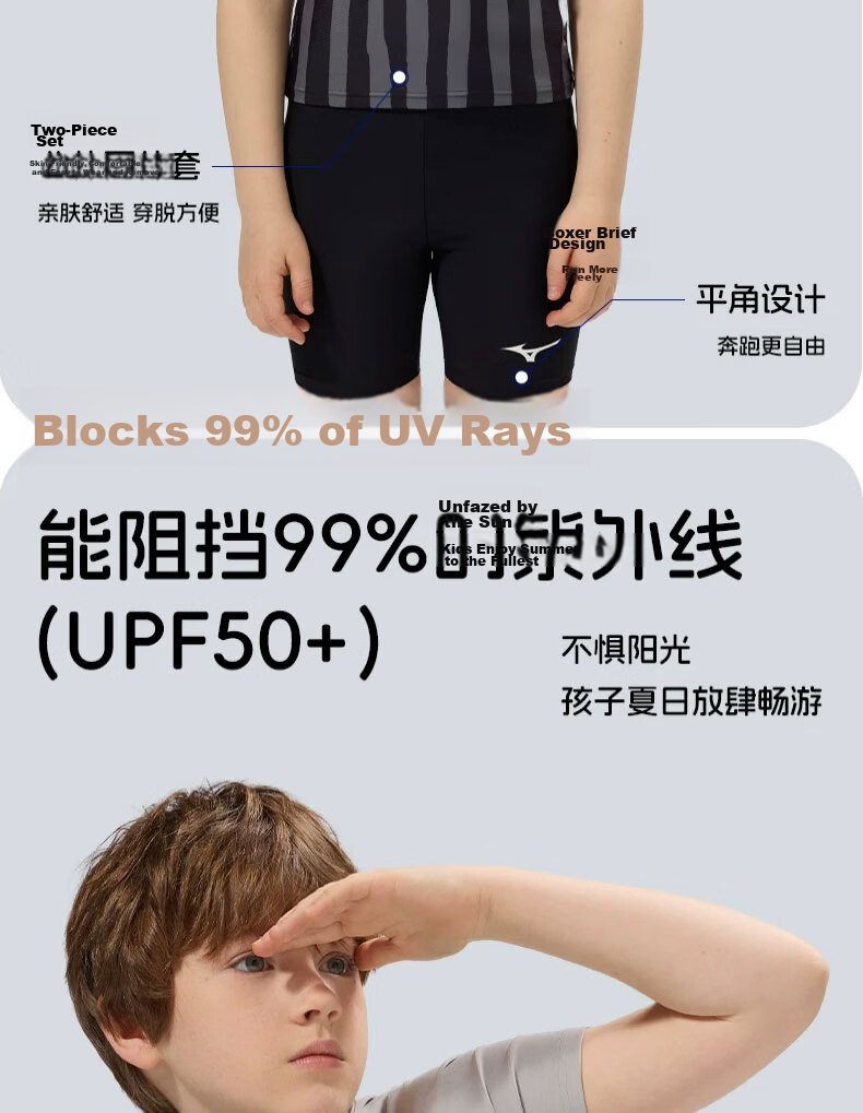 MIZUNO Boys' Quick-Dry Breathable Two-Piece Short-Sleeve Square-Leg Swimsuit Sun Protection Hot Spring Set GC410 Black Gray Size 130 4