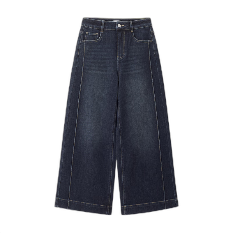 Giordano Designer Women's Pants Deep Blue Vintage Washed High Waist Wide Leg Jeans 18416302