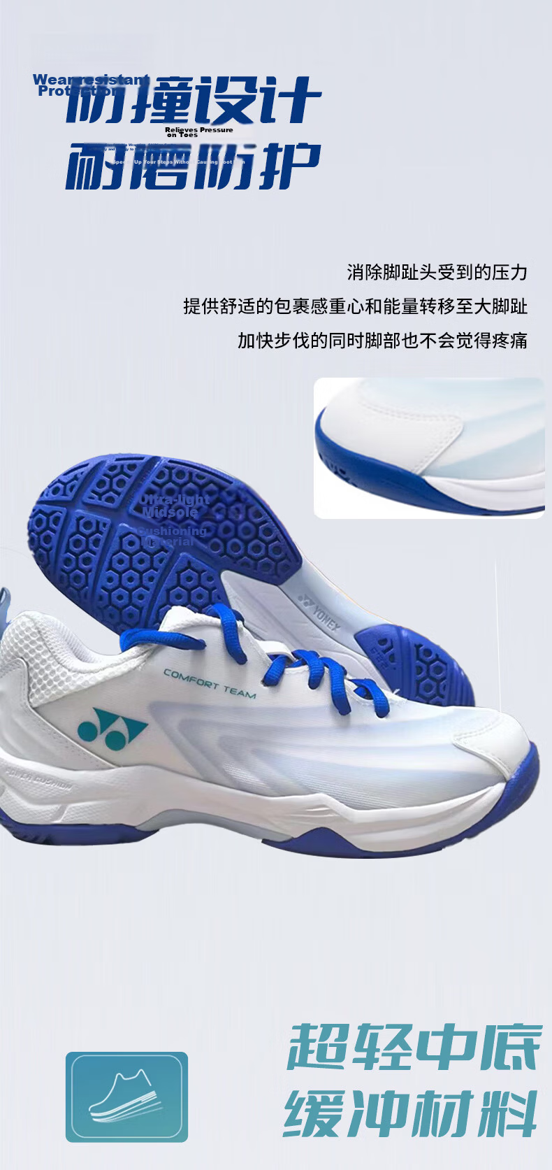YONEX Badminton Shoes with Wear-Resistant Shock-Absorbing Power Cushion for Competition And Advanced Players SHBCFT2EX White And Blue Size 39 4