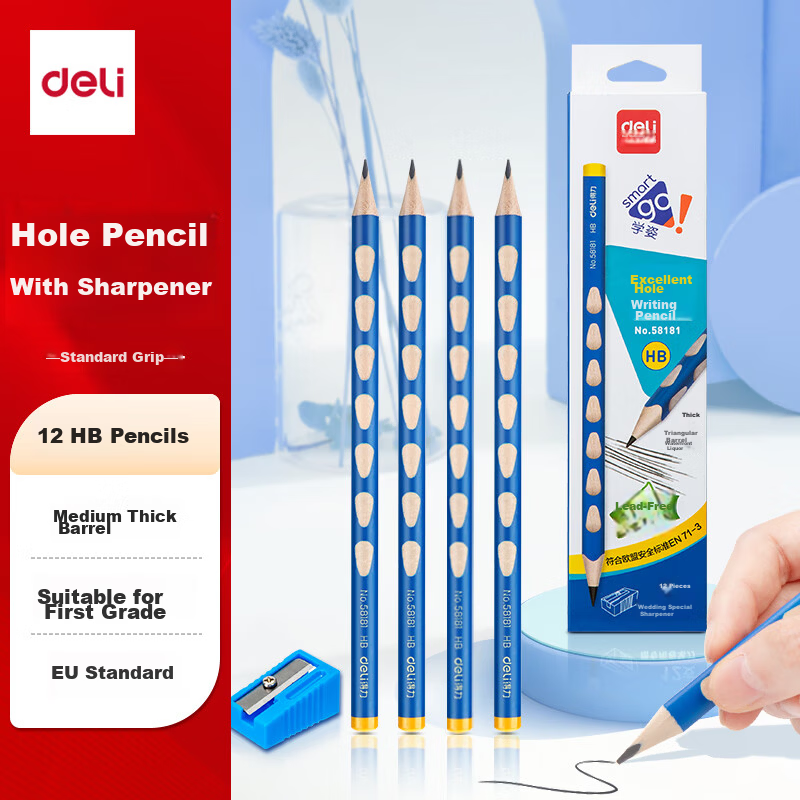 Deli 12-Pack 2B Extra Thick Hole Pencil Barrel Easy Grip Natural Wood Children's Corrective Pencil Drawing Doodling Exam Sketching Student Handwriting Practice Back to School Stationery