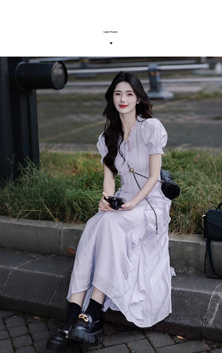 Mt [Early Summer Time] Summer Dopamine Fresh Lace-up V-neck Ruffle Puff Sleeve Waist-cinching Elegant Dress 13