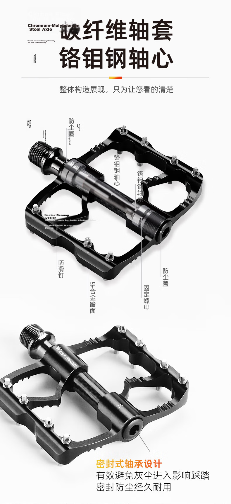 Xiqizhe Carbon Fiber Bicycle Pedals with Three Bearings Ultra-Lightweight Mountain Road Bike Pedals Titanium Color 7