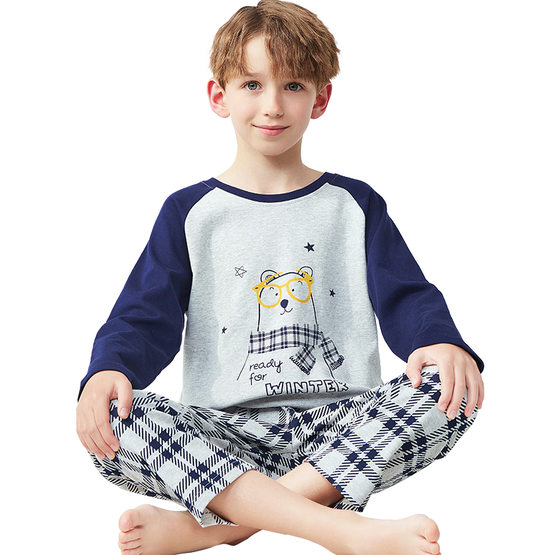 MiiOW Children's Pajamas for Boys, Spring And Autumn Style, Pure Cotton, Long-Sleeve Sleepwear Set for Kids And Teens, Star Fox Design, Size 150