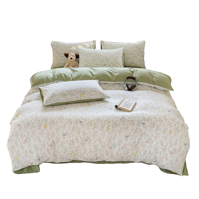 Hongdou Class A Cotton-Like Four-Piece Bedding Set 1.5/1.8m Bed Linen Non-Cotton Duvet Cover with Edge Thickened Single Duvet Cover 200x230cm Peony and Spring