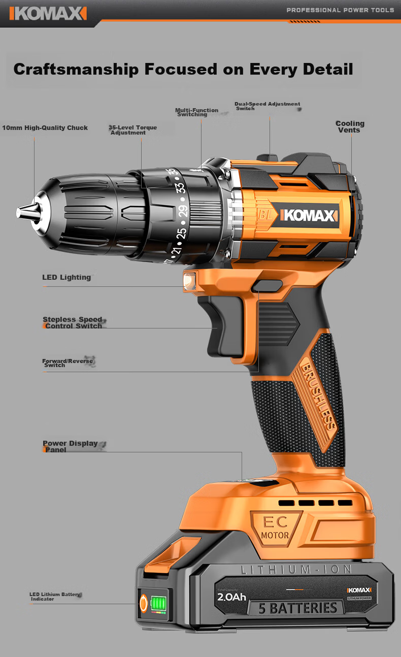 Commax Brushless Cordless Electric Screwdriver Drill Home Lithium Battery Drill Tool Kit Complete Set for Electricians and Woodworkers Maintenance 29