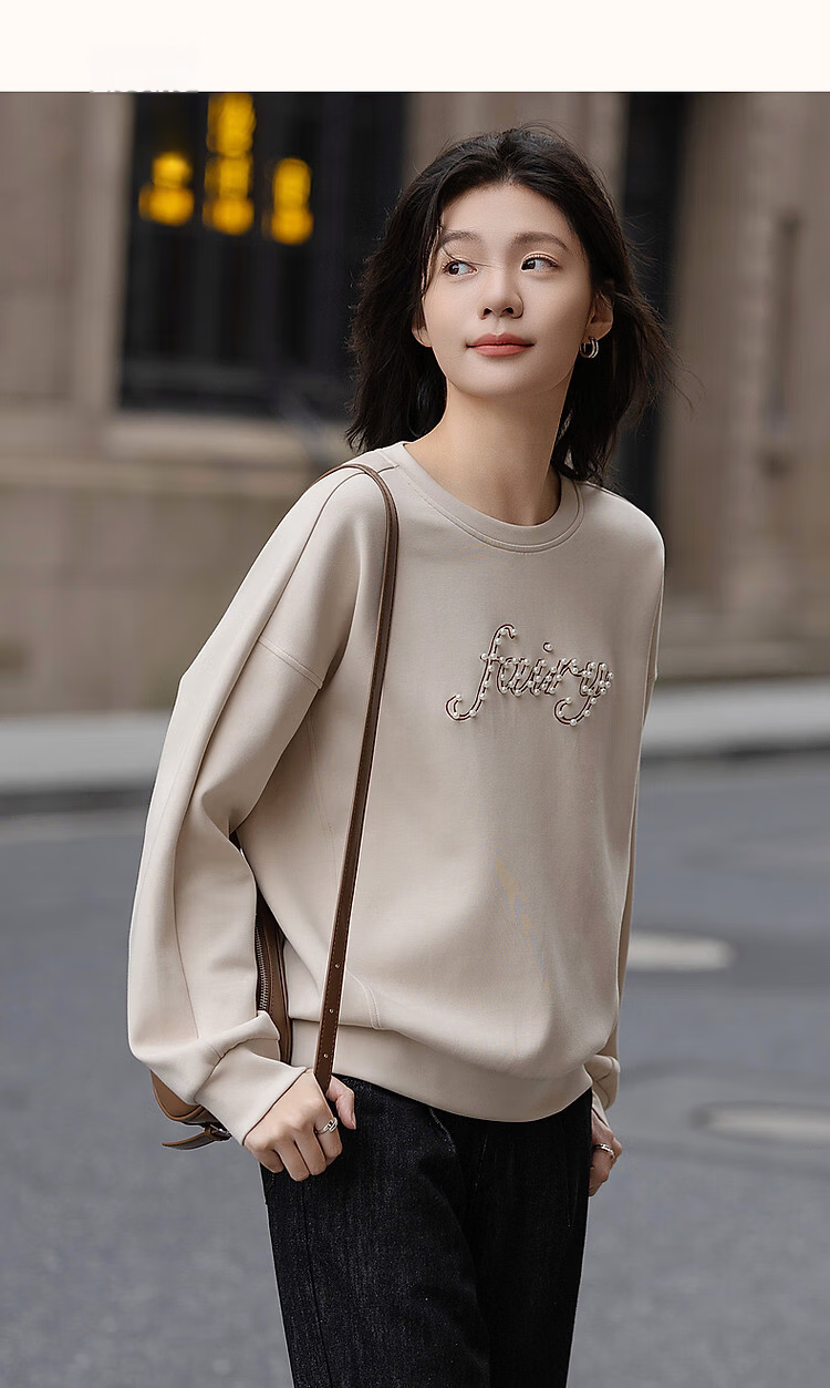 Dme [350G Air Layer] Spring Fashion Round Neck Beaded Letter Embroidery Loose-Fitting Fitted Sweatshirt Women's Top 17