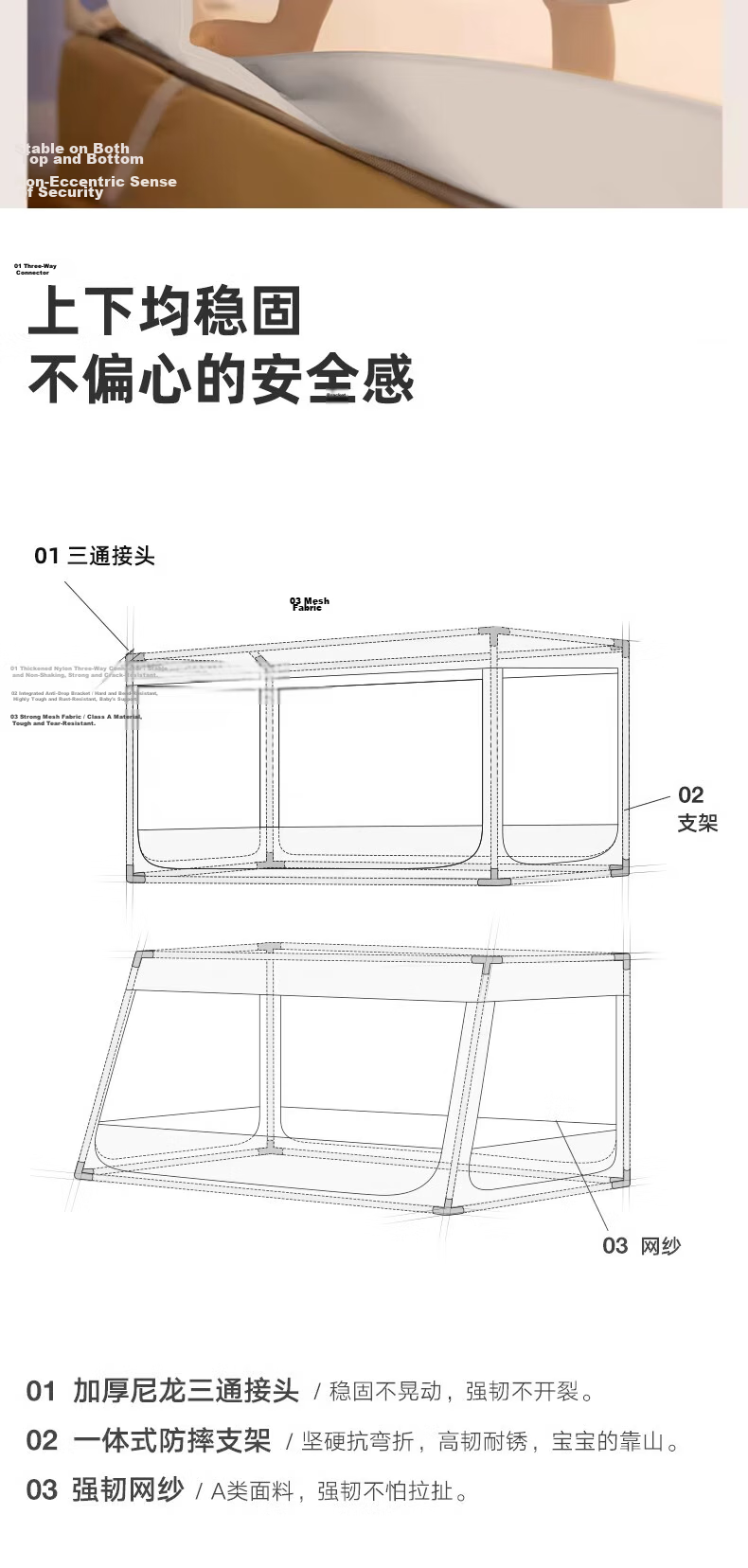 Cottonfaith Class A Antibacterial Home Bunk Bed with Child Safety Rail Mosquito Net Frame Three-Door Upper Bunk 0.9m 18