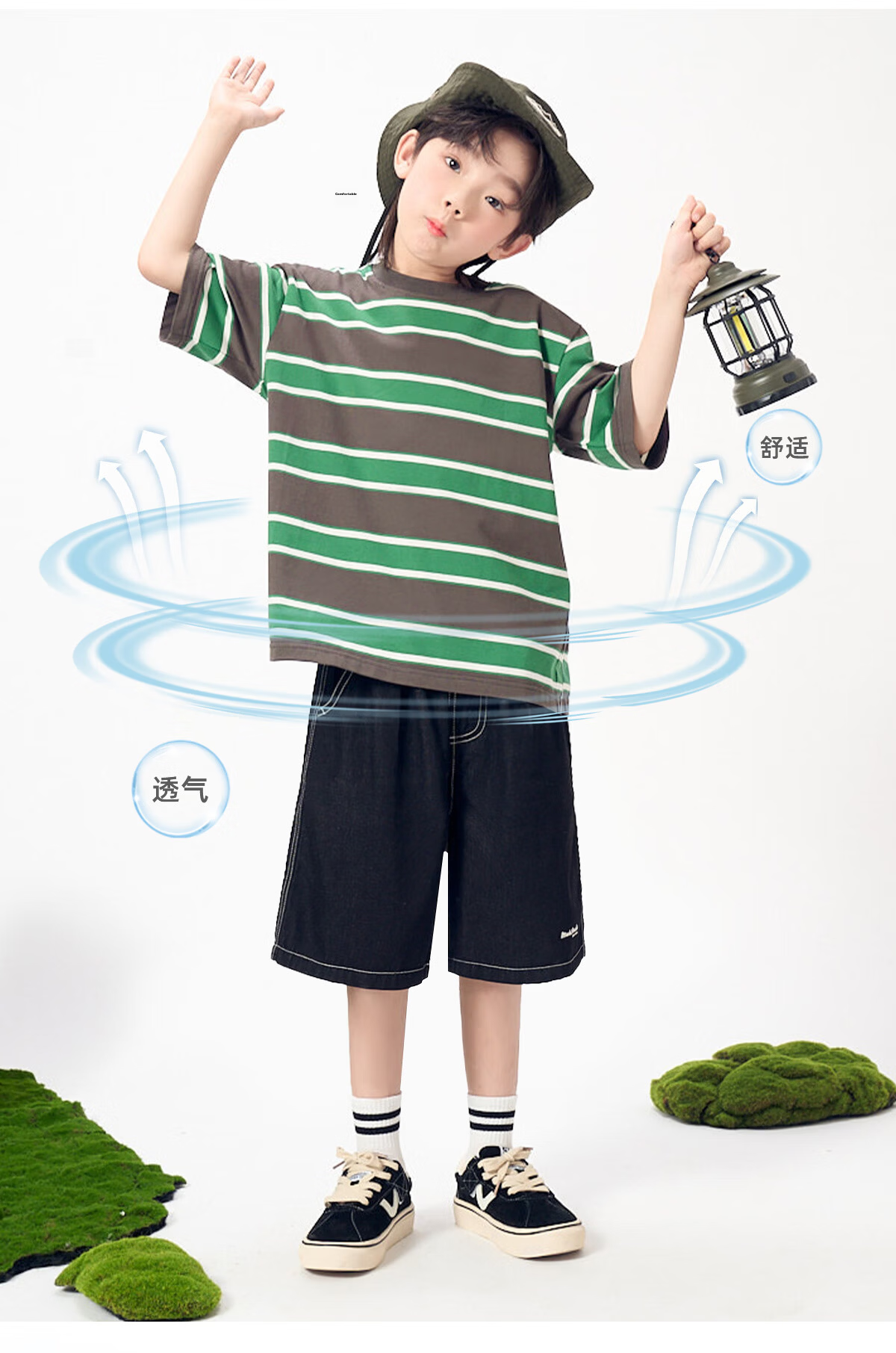 Langsha Autumn New Boys Casual Set Striped T-Shirt Outdoor Cargo Pants Green Gray 150 7