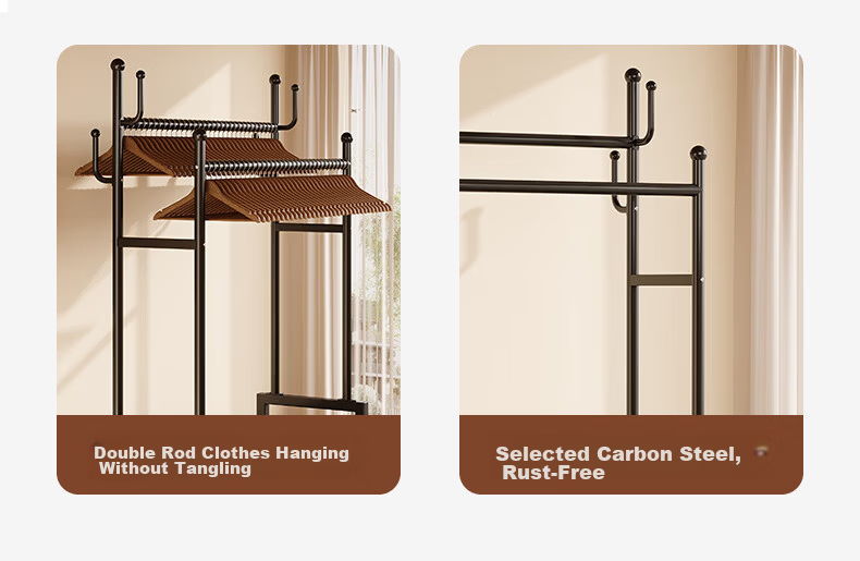 Shanshan Wooden Coat Rack Floor-Standing Bedroom Clothes Hanger Home Indoor Mobile Storage Double Rod Multifunctional Balcony Clothes Rack 11