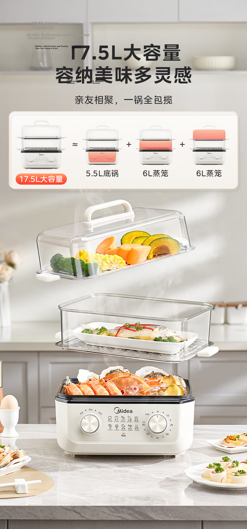 Midea Electric Steamer Electric Hot Pot Electric Cooker Multifunctional Electric Frying Pan Household Multi-Purpose Integrated Electric Heating Pot Steaming Fish, Buns, Eggs with Transparent Window MZ 6