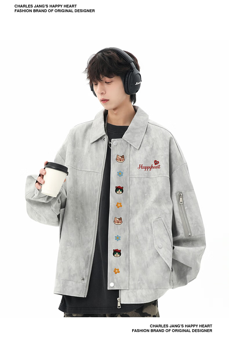 Charles Heart American Street Tie-Dye Lapel Jacket Men Spring Autumn Loose Fit Couple Dark Gray XL 17