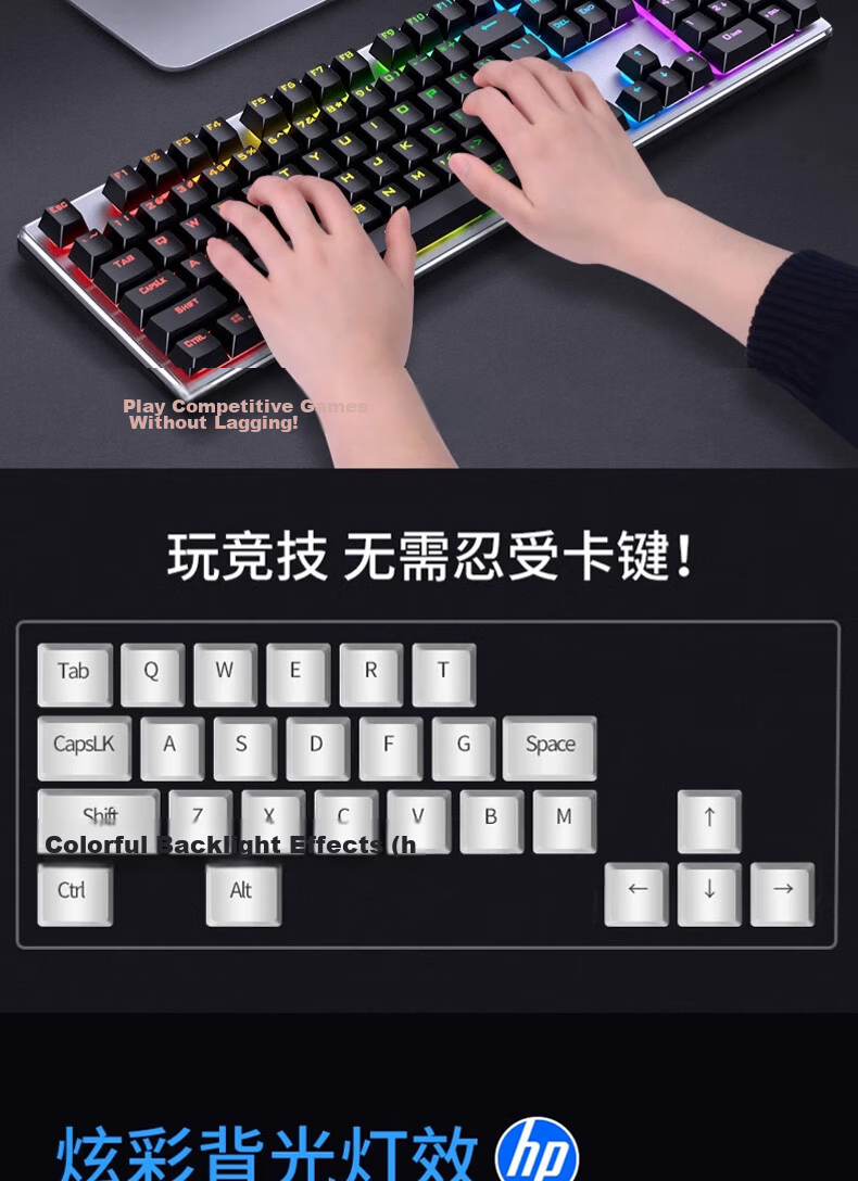 HP K10F Mechanical Feel Keyboard, Wired Keyboard for E-Sports Gaming, Desktop Computer Office Keyboard, 26 Keys without Collision, Stylish Black Keycaps with Mixed Lighting 7