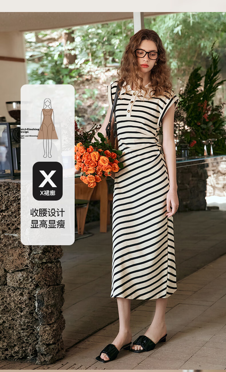 Olrain Slim Fit Striped Dress Summer Women's POLO Collar Knit Dress Striped L 13