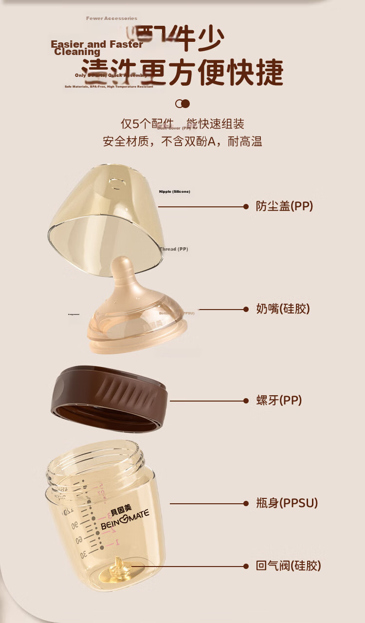 Beingmate Newborn Anti-Colic PPSU Bottle for 1-3 Months, Weaning, Baby Breast-Like Nipple, Shatterproof, 160ml 11