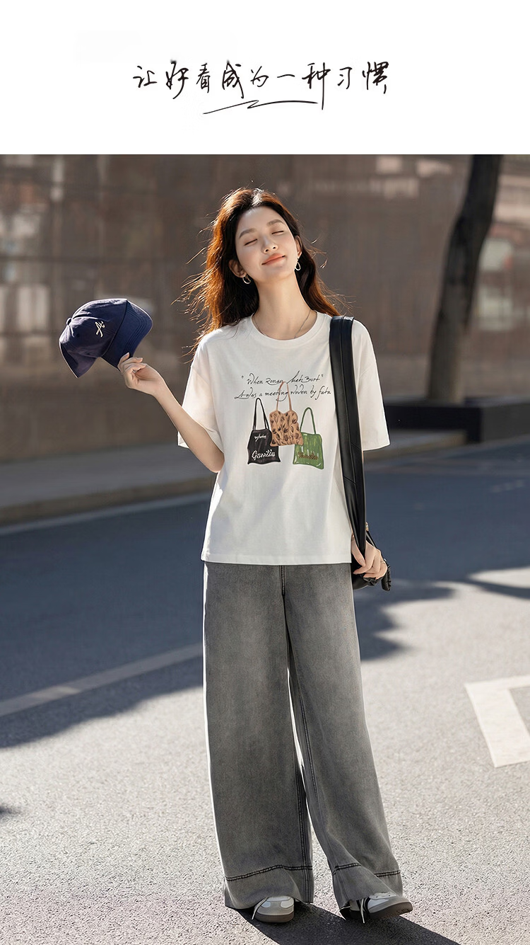 Demana [Soft Elastic Cotton Amine] Summer Korean Style Casual Printed Beaded Embroidered Round Neck Short Sleeve Loose Slim Women's T-Shirt 1