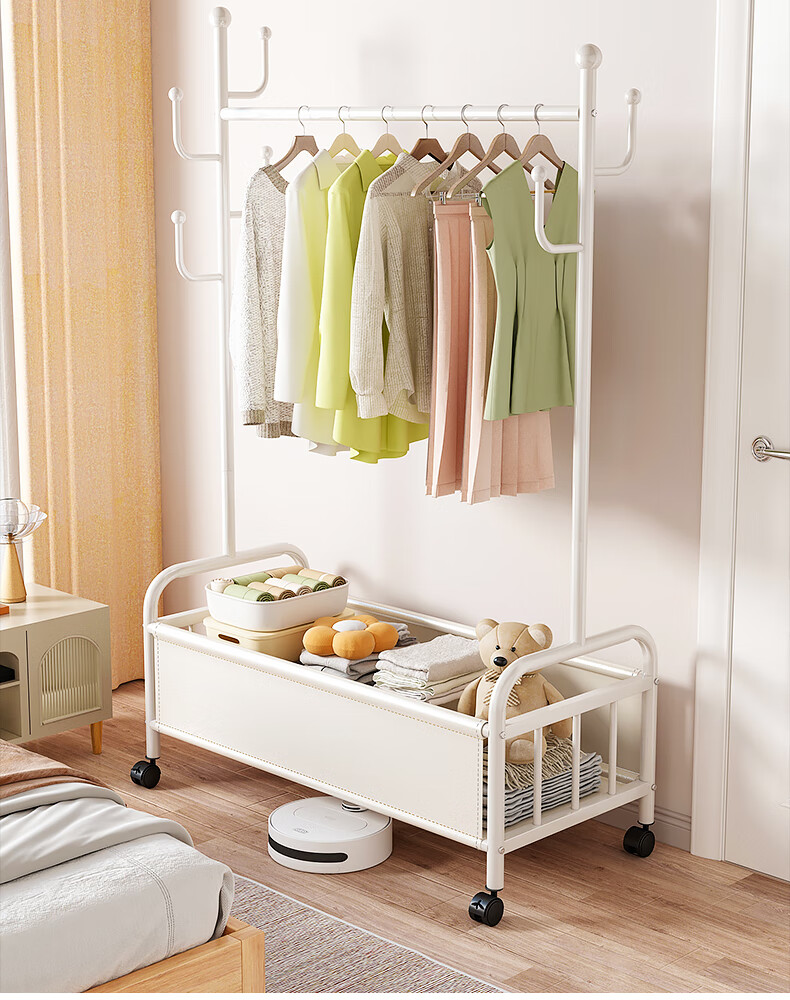 Milin Wheeled Coat Rack, Movable Bedroom Floor-Standing Modern Minimalist Home Storage Basket Coat Hanger, White Basket 60cm 15