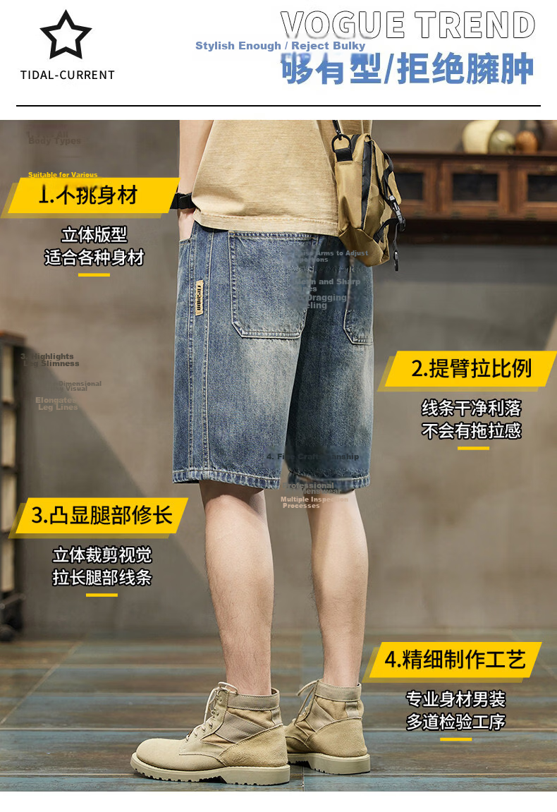 ROMON Summer 2026 New Retro American Style Men's Loose Straight-Leg Denim Shorts Blue 31 2