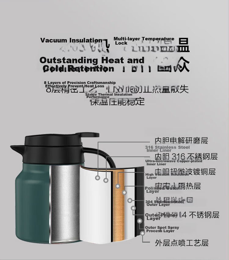 JD Original Insulated Thermos, Household Warm Water Kettle, Insulated Tea Steeping Hot Water Bottle, 316 Stainless Steel Cat Eye Green, 800ml 7