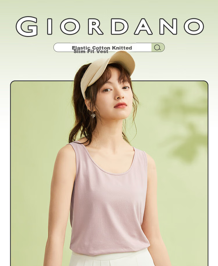 Giordano Sleeveless T-Shirt for Women, Basic Style, Knitted Elastic Cotton, Solid Color, Slim Fit, Round Neck Tank Top, 05323250 3