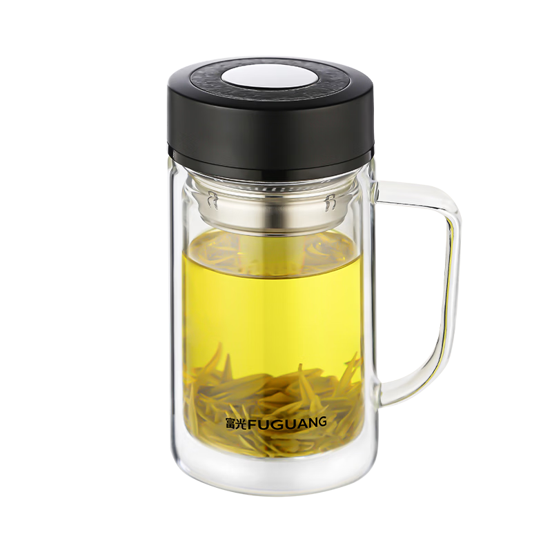 Fuguang High Borosilicate Glass Cup with Tea Strainer, Large Capacity Portable Mug with Handle, Office Tea Infuser Cup, Double-Walled Office Mug
