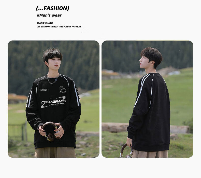 CLOR American-Style Striped Patchwork Sweatshirt for Men, Spring And Summer Style, Trendy Casual Loose Long-Sleeve T-Shirt WYC10 White M 6