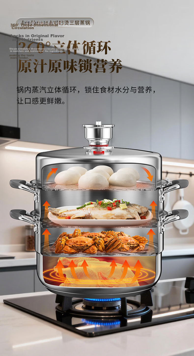KBH 304 Stainless Steel Three-Layer Steamer Pot with Composite Bottom, Multi-Functional Anti-Scalding Cookware, 30cm, Compatible with Gas Stoves 13