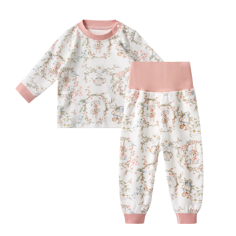 OUYUN Baby And Children's Pajamas, Spring And Autumn, for Boys And Girls, Pure Cotton, High-Waist Belly Protection, Warm Set, Hamster Bun, Size 73