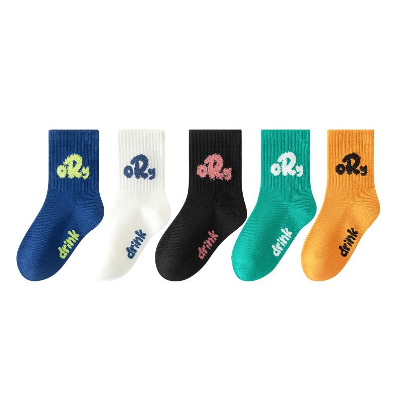 MiiOW Children's Socks, Girls' Mid-Calf Socks, Autumn And Winter Letter Trendy Socks, Girls' Sports Socks, 5 Pairs Pack, Colorful Letters, Size L