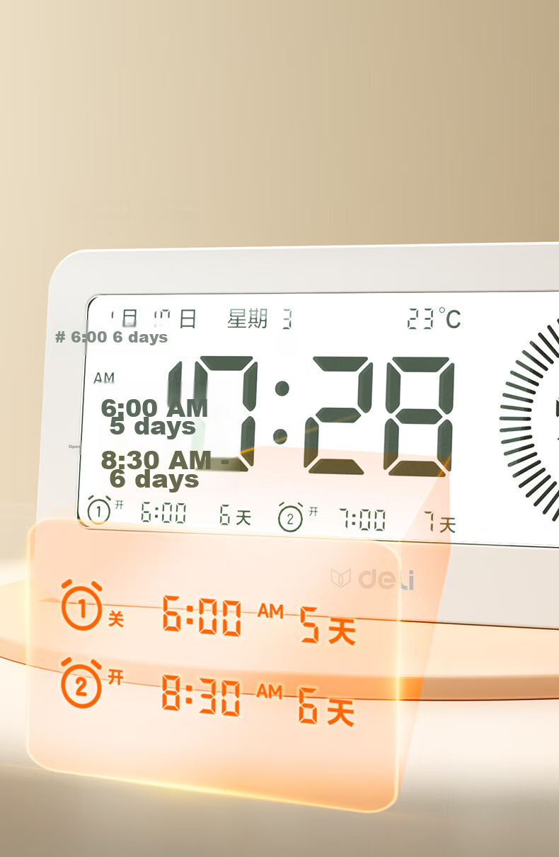 Deli Visual Smart Alarm Clock Timer Student Wake-up Device Backlit Bedside Clock Thermometer LE107 White Gift Back-to-School Season Essential 8