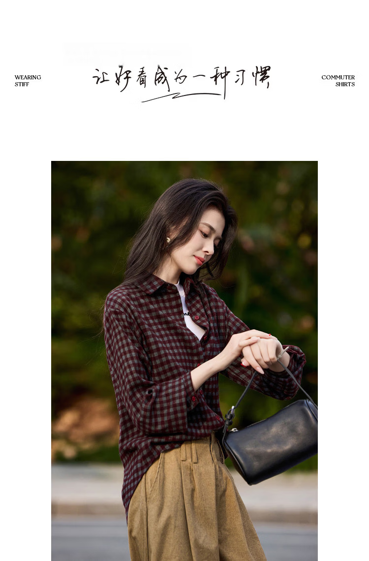 Demana Vintage Style Spring 3D Collar Plaid Loose Slimming Concealing Petite Shirt for Women High-End Feel 10