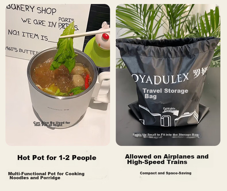 ROYALTY LINE Portable Electric Cooking Pot Foldable 304 Stainless Steel Travel Pot 1.2L Dormitory Split Multifunctional Small Electric Cooker for 1-2 People White with Steaming Rack 6