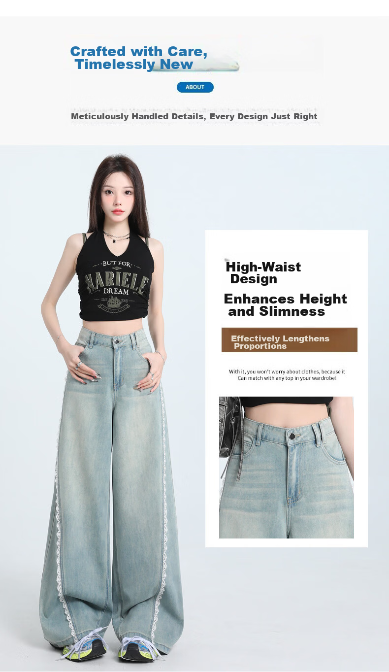 Jeanswest Women's Jeans 2026 Summer Retro Washed Light Lace Trim High Waist Washed Wide Leg Pants Light Blue M 5