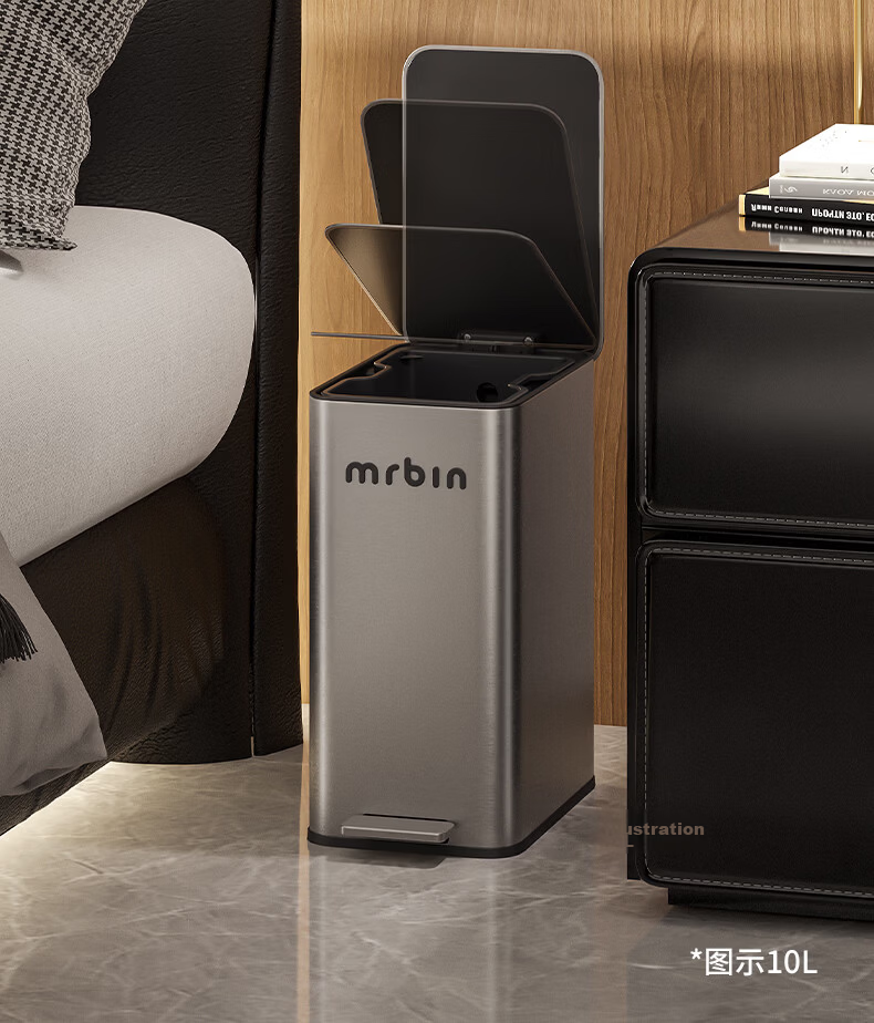 Mr.Bin Living Room Stylish Trash Can Kitchen Pedal Covered Large Household Stainless Steel Bathroom Luxury 15L Gray 13