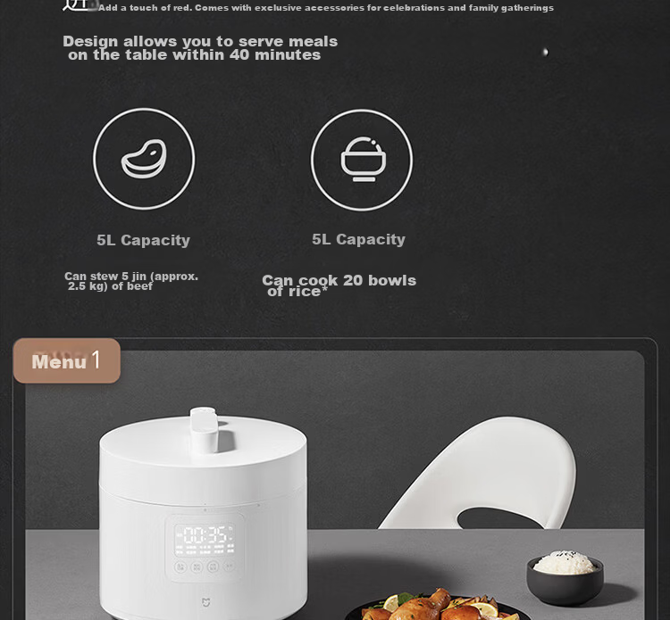 Mijia Xiaomi Electric Pressure Cooker, High-Pressure Cooker, Rice Cooker for Home Use, Serves 4-5 People, Multifunctional Electric Stew Pot, Cooks Rice And Porridge, Non-Stick Pot with Double Inner Containers, Large Capacity 5L 12