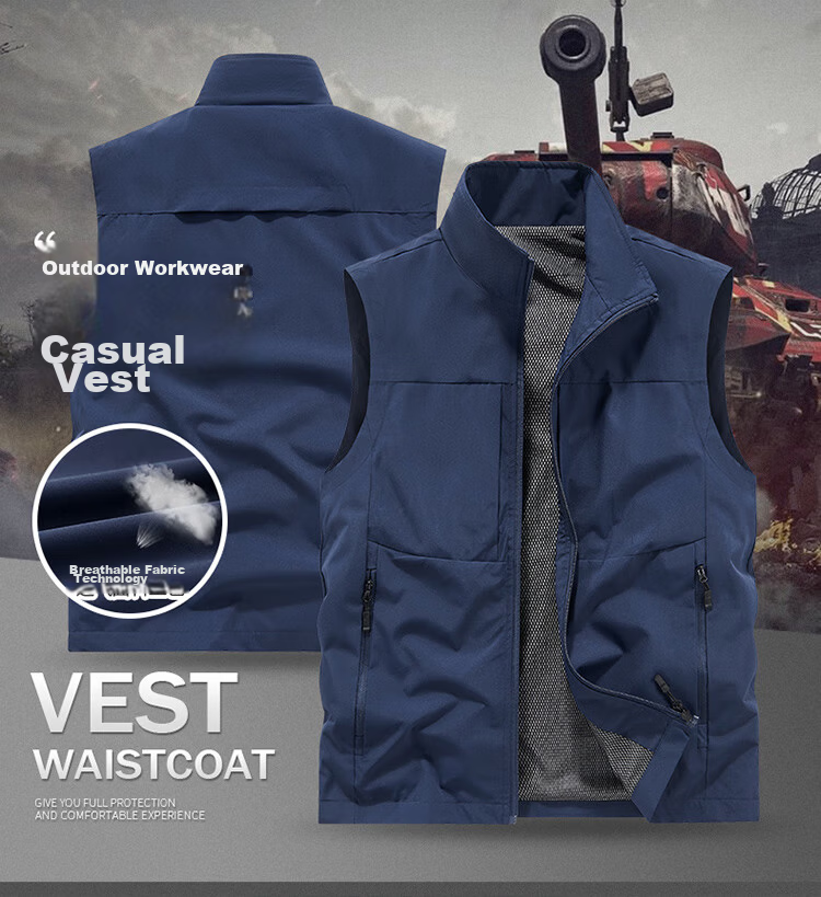 JEEP SPIRIT Men's Outdoor Casual Quick-Dry Vest Blue 3XL Autumn Breathable Simple Stand Collar Photography Jacket 1