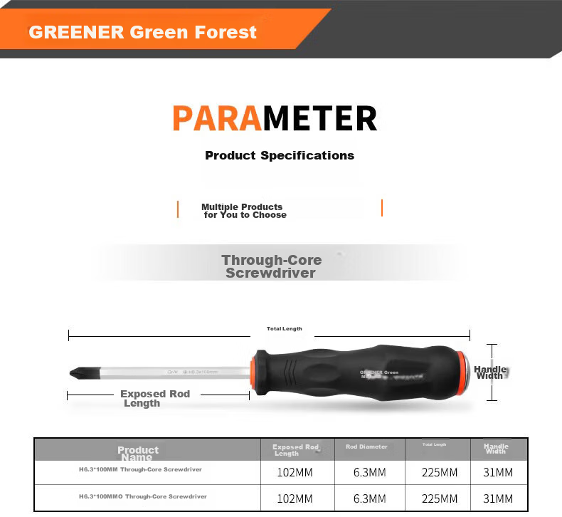 Green Forest Super Hard Core-Piercing Screwdriver Set 6.3*100mm Impact Cross and Flathead Hammering Tool 6