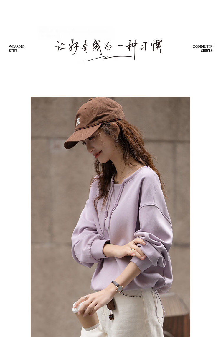 Demana [Comfort Elastic Air Layer] Spring Simple Style Round Neck Handmade Knot Drawstring Wide Shoulder Petite Women's Sweatshirt 9