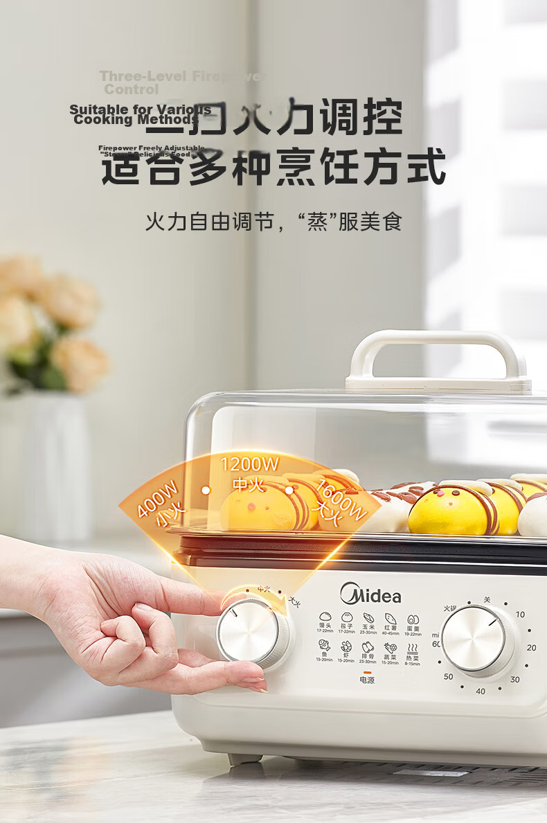 Midea Electric Steamer Electric Hot Pot Electric Cooker Multifunctional Electric Frying Pan Household Multi-Purpose Integrated Electric Heating Pot Steaming Fish, Buns, Eggs with Transparent Window MZ 4