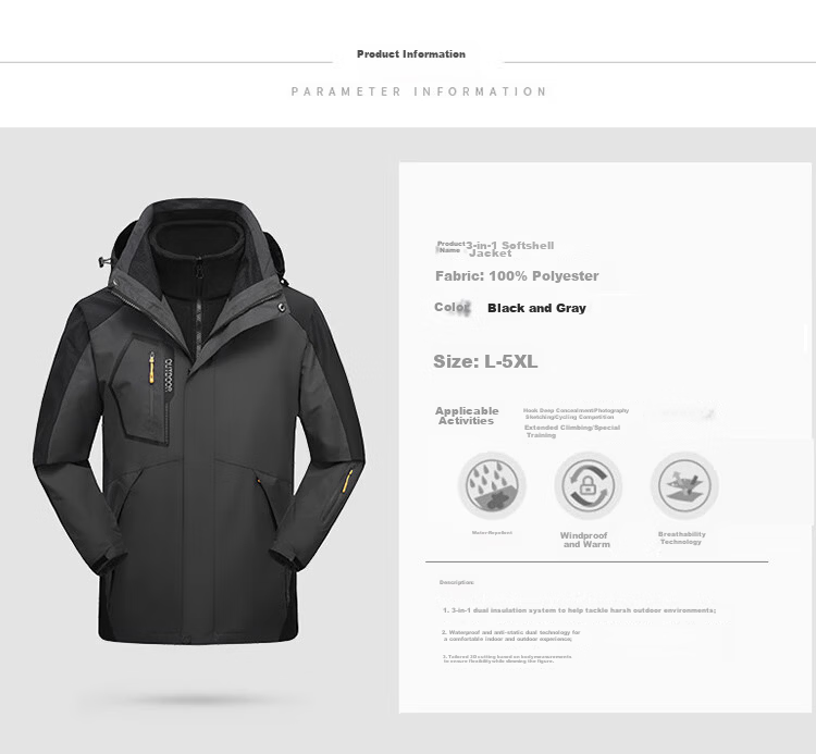 TUCANO Men's 3-in-1 Detachable Windproof Mountaineering Jacket with Removable Hood Black 4XL 12