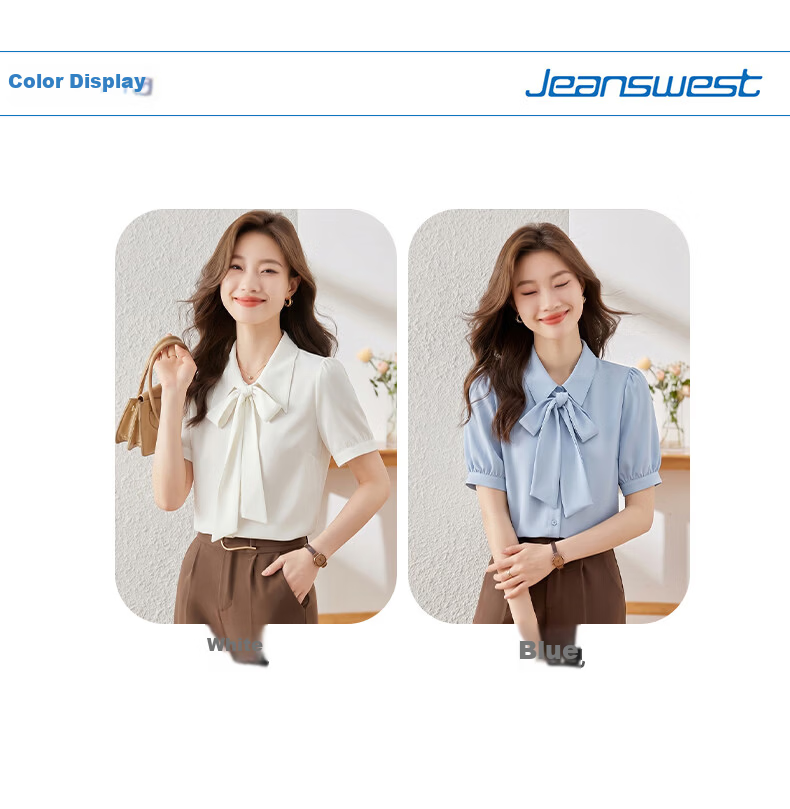 Jeanswest Women's Summer Shirt with Ribbon Tie, Formal Wear, Premium Inner Layer, Interview and Professional Commuting Top, White Short Sleeve, 2XL 9