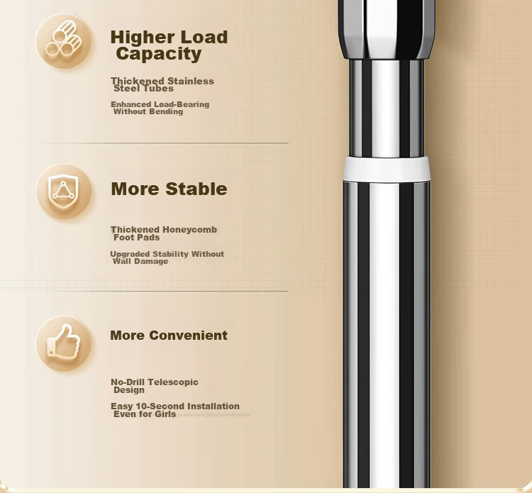 Futuristic Telescopic Clothes Drying Rod No-Drill Balcony Clothes Rack Stainless Steel Shower Curtain Rod Wardrobe Hanging Rod Support 70-120cm 39