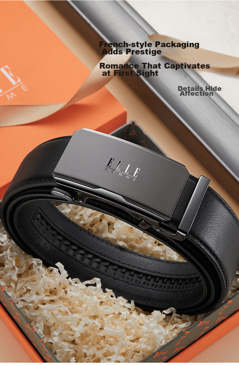 ELLE HOMME French Brand Men's Genuine Leather Automatic Buckle Belt Inner Wear Waistband Gift Box Birthday Present for Boyfriend Husband 5